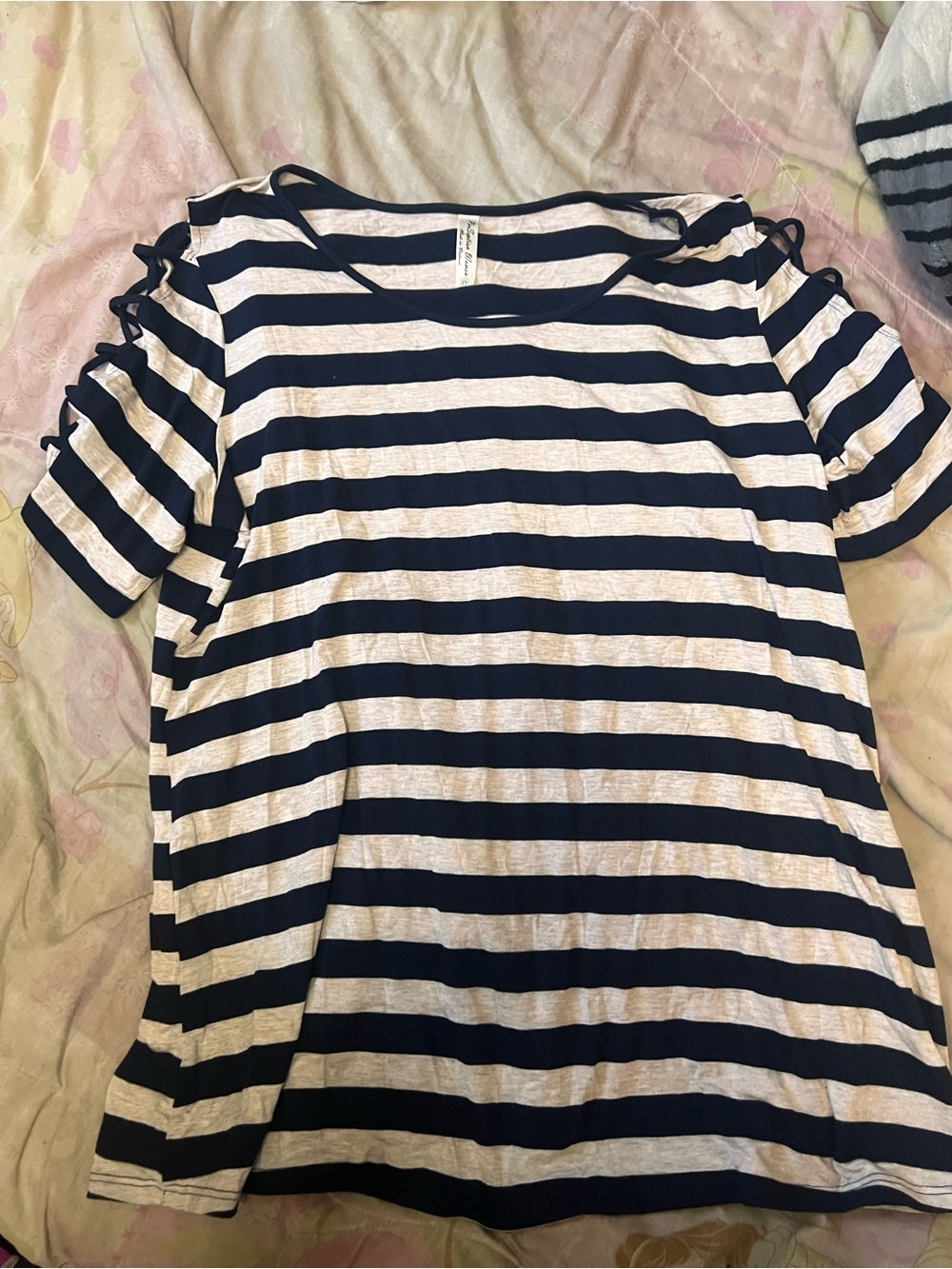 Perseption Navy and White Striped Cold-Shoulder Top